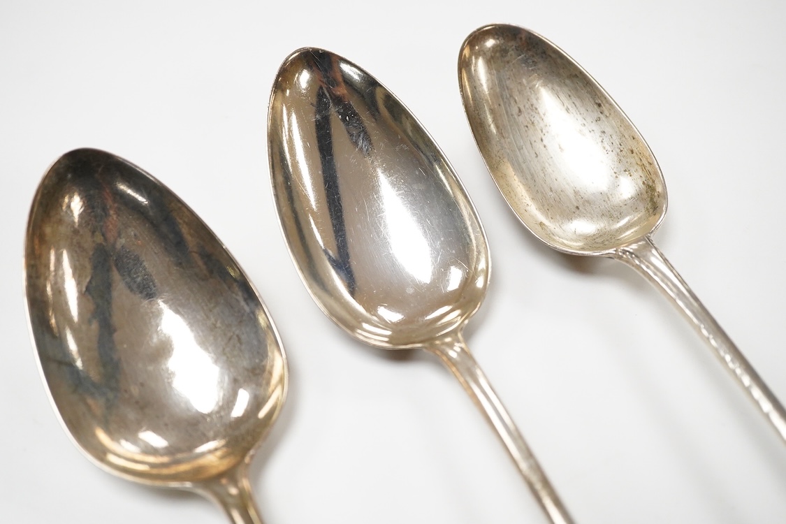 Three George III silver old English pattern basting spoons, William Fearn, London, 1776, Robert Gaze, London 1801 and Eley & Fearn London 1805, longest approx. 29.5cm, 9.9oz.